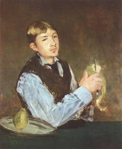 blastedheath:  Edouard Manet (French, 1832-1883), A Young Man Peeling a Pear (Portrait of Leon Leenhoff), 1868. Oil on canvas. Nationalmuseum, Stockholm. 