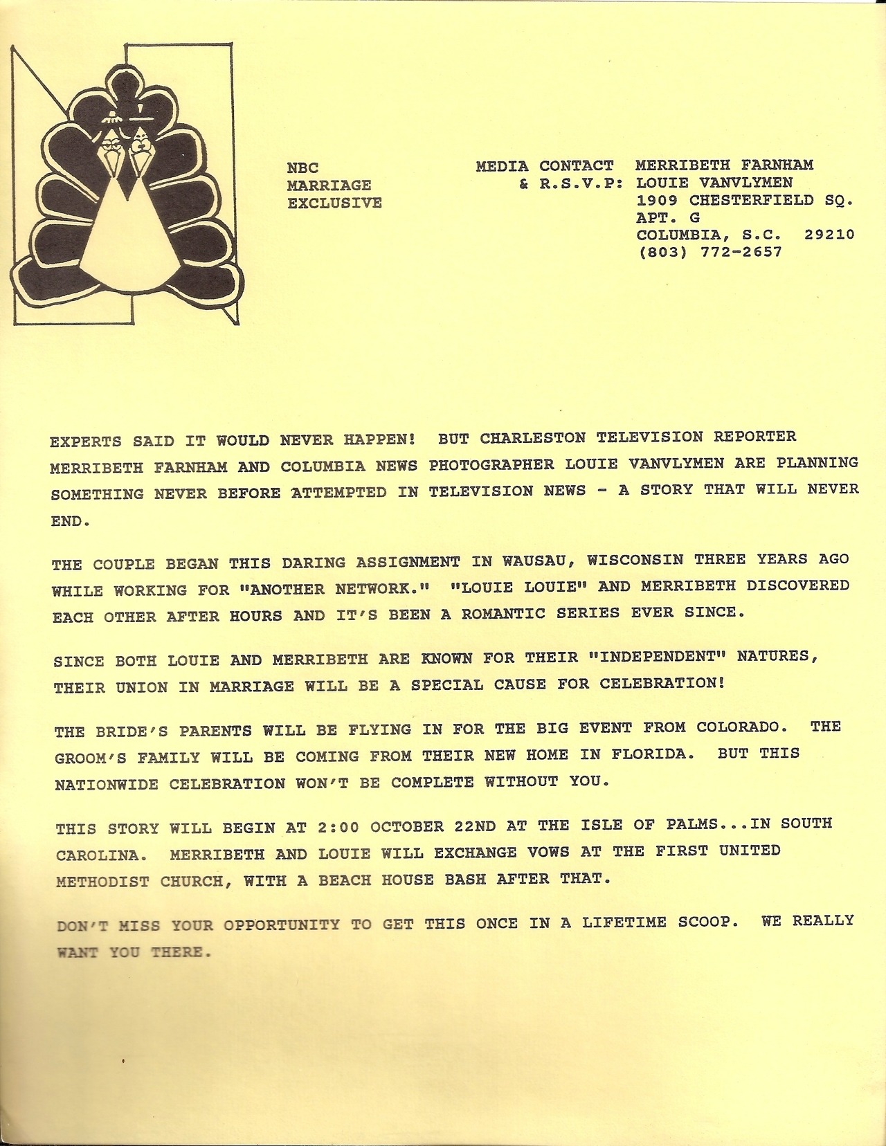 untilwecollide:  Here’s my parent’s wedding invitation. My mom was a reporter