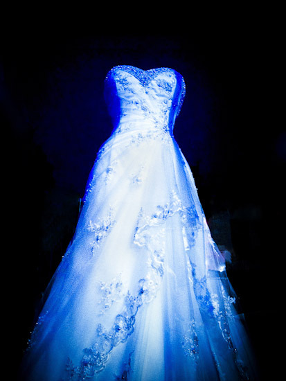 White wedding dress in blue