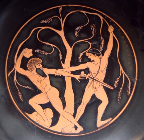 worldofmythology:Theseus &amp; SinisOn his travels to Athens, the Greek hero Theseus encountered