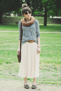 what-do-i-wear:  Sweater, Necklace, Sunnies - CubusMaxi skirt - RomweBag - Atmosphere (old)Loafers - PapilionBelt - vintage Snood - H&amp;M  (image:  maddinka)