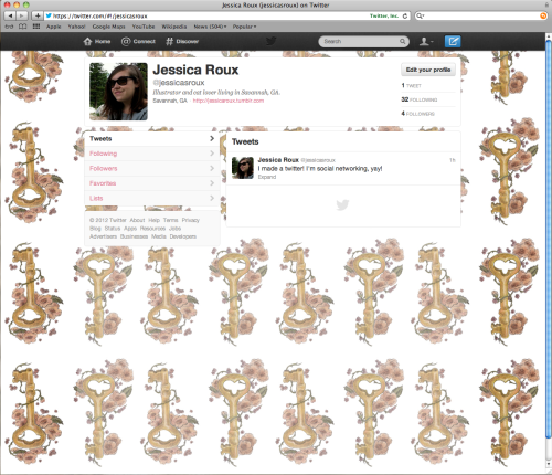 Guess who finally made a twitter? With (somewhat of) a repeat pattern background, hooray! Follow me?