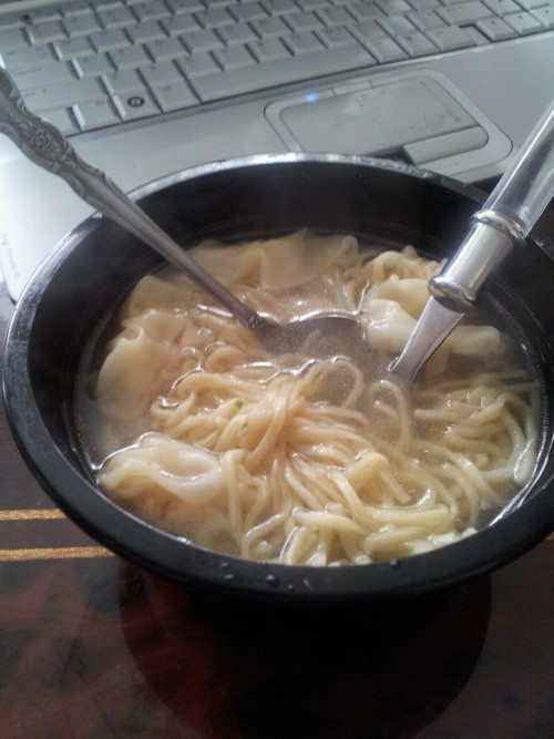 Stir that costco wonton soup.