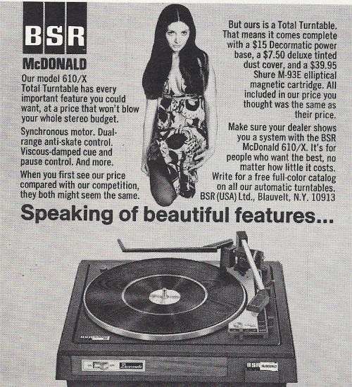 BSR McDonald Turntable, Vintage Ad, Playboy - September 1970 