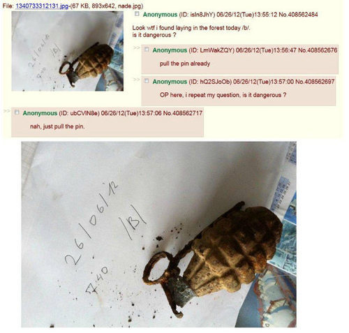 4chan user finds a grenade in the woods, tries unsuccessfully to detonate it. Evolution