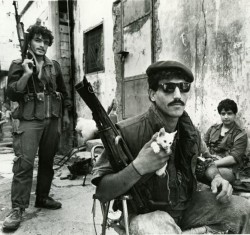 kohoofelrouh:  ‘A Palestinian fighter holds a kitten in the refugee camp of Burj Al Barajneh near Beirut. It was taken on July 8, 1988 a day after pro-Syrian Abu Mussa’s fighters ousted the PLO from the refugee camp, Arafat’s last stronghold in