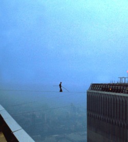 hipdweeb-blog:Philippe Petit’s incredible (and illegal) high-wire walk between the Twin Towers of New York’s World Trade Center, 1974