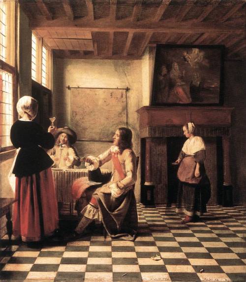 oilpaintinggallery:  A Woman Drinking with Two Men, Pieter de Hooch.