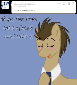 balddumborat:  doctorwhoovesthe10th:  Doctor Whooves: It’s better than John Smith, isn’t it? ((A/N: Naming a time traveling pony Time Turner is like naming a swimming pony Swimming Sally. I do not like Doctor Whooves’ new name.))  Aww, but Time