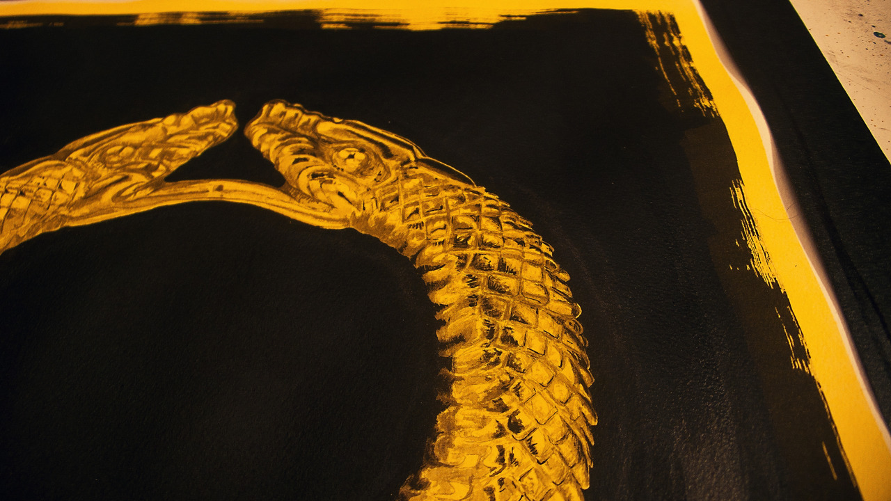 Process | Final black detailing on snake…merging with base black background.