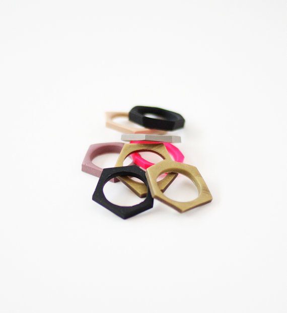 pure-and-honest:  Hand cut geometric stacking ring in neon pink  