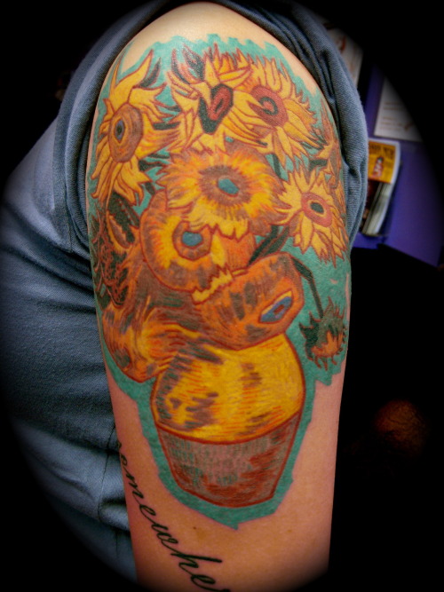 fuckyeahtattoos:  Van Gogh’s Sunflowers by Graham Chaffee at:  http://www.purplepanthertattoos.com/ http://purplepanthertattoo.tumblr.com/