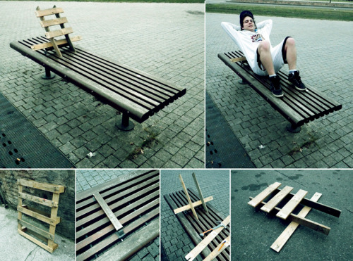 fuckyeahpublicspace:
“ make public space work for you. Urban wild furniture by urban hacktivist Florian Rivière
”