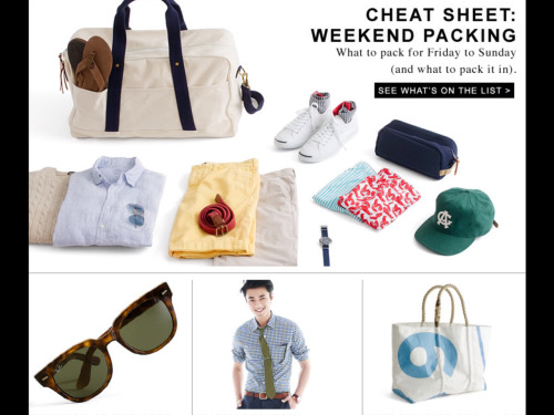What to pack for the weekend via J. Crew. I would also suggest a pair of versatile shoes (loafers etc) be thrown in this mix also to make it complete. You might want to go to dinner one night or something.