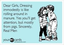 quinlan-skyler:  [Top image: An ecard with a blue background and a boy whispering into a girls ear with the text: Dear Girls, Dressing immodestly is like rolling around in manure. Yes you’ll get attention, but mostly from pigs. Sincerely, Real Men.