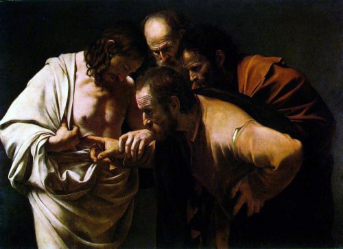 Caravaggio: Doubting Thomas. Oil on canvas (107 x 146 cm) , dated 1602-1603.