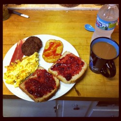 Breakfast is served! Eggs w/ cheese, veggie bacon &amp; sausage, hash brown and toast. Coffee and water to drink. Vitamin and pro biotic already taken. #food #hungry #instaphoto  (Taken with Instagram)