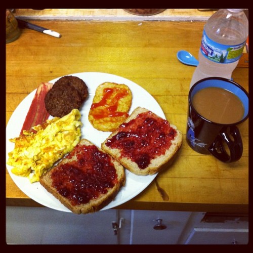 Breakfast is served! Eggs w/ cheese, veggie bacon & sausage, hash brown and toast. Coffee and water to drink. Vitamin and pro biotic already taken. #food #hungry #instaphoto  (Taken with Instagram)