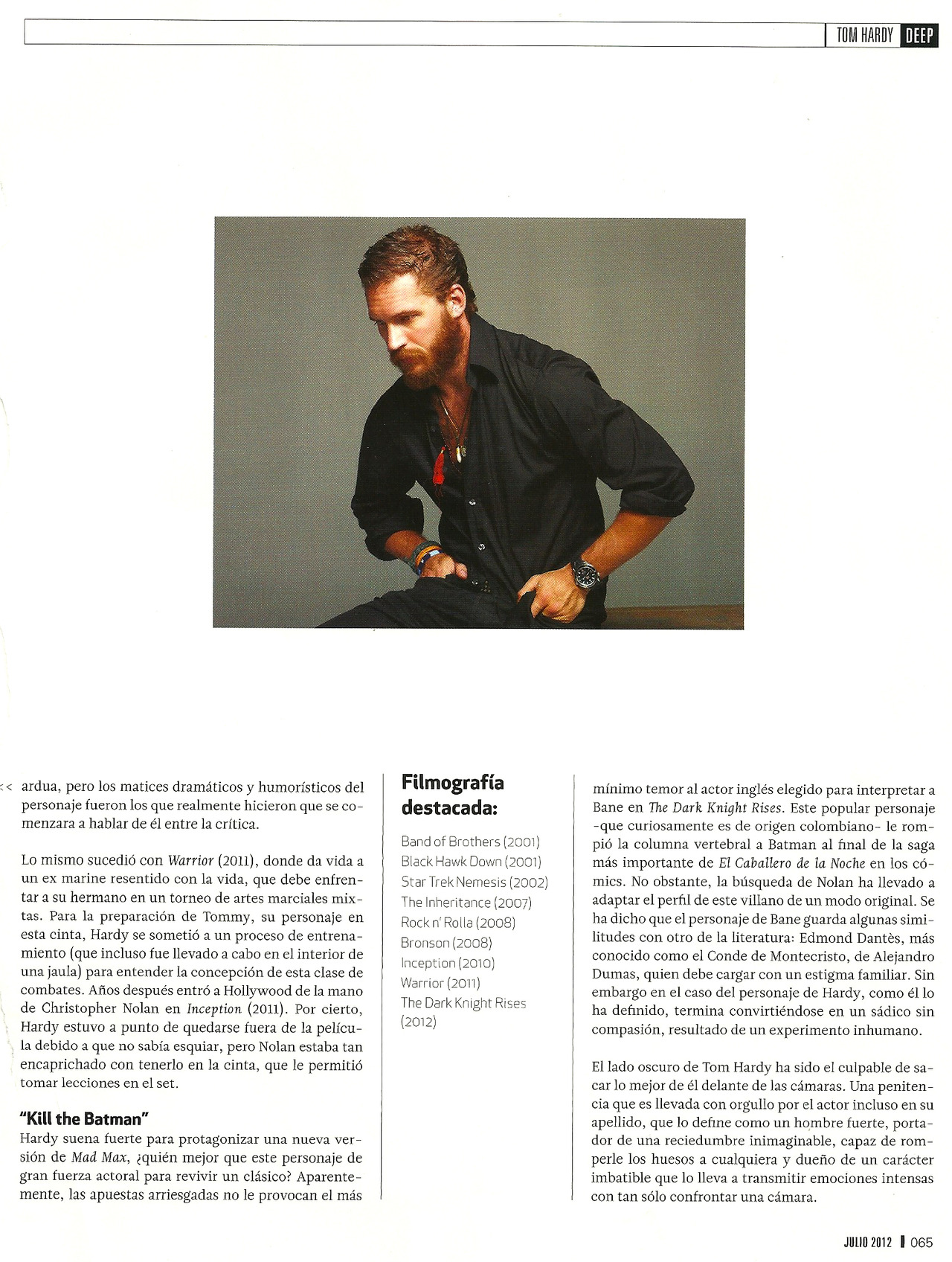 charlidos:  The article about Tom Hardy in Deep Magazine, translated and scanned