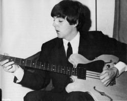 thegilly:  Paul with Wes Hunter’s bass backstage at a taping of Thank Your Lucky Stars. Scanned from The Beatles Book Monthly No. 175. 