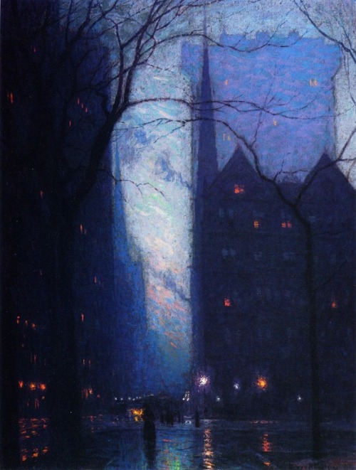 artemisdreaming:Fifth Avenue at Twilight, 1910Lowell Birge Harrison