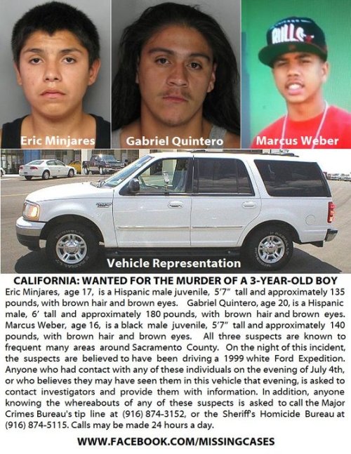 “ Detectives have identified three suspects in the drive-by shooting of 3-year-old boy killed Wednesday night.
Officers are asking for help locating Gabriel Quintero, 20, Eric Minjares, 17, and Marcus Weber, 16. Quintero is a validated gang-member,...