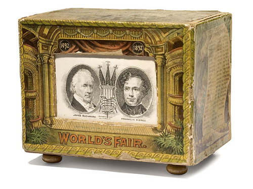 ca. 1892, [Columbian Exposition souvenir, presidential viewing box machine] The box rests on four wo