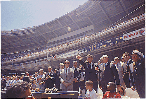 President John F. Kennedy attends the 32nd All-Star Baseball Game, throws out first ball.
Speaker of the House John W. McCormack, Dave Powers, Vice President Lyndon B. Johnson, President Kennedy, Commissioner of Baseball Ford. Washington, D.C., D.C....