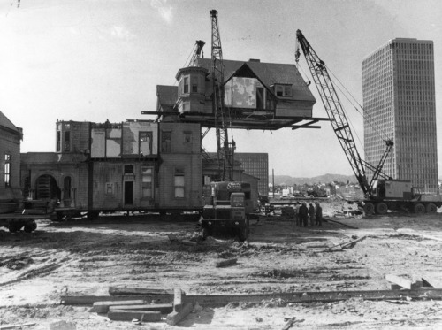 A home is removed from the denuded landscape of a “redeveloping” Bunker Hill, 1969.