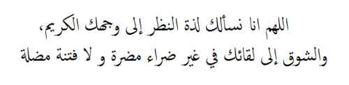 ni3ma:  O Allah! we ask You for the joy of seeing Your Noble Face and for the longing to meet You, without going through disturbing distress or misguiding tribulation. 