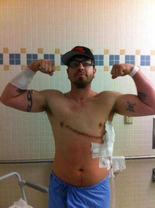 subatomic-calamity:  zakdouchegans:  rohzana2:  Can a sister get a ‘HELL FUCKIN YEAH!’ For my buddy Scott, who protected a woman from her abusive ex! Scott was in the hospital for 8 days! The Asshat attacked him with a box cutter. Nose cut 3/4”,