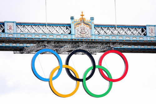 Closeup of Olympic rings on Tower Bridge, London