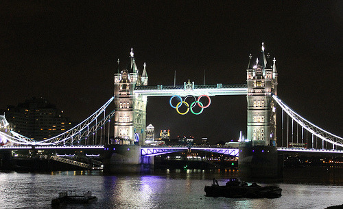 Tower Bridge with Olympic rings at night