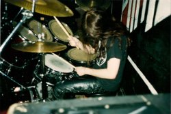 joeydeacon666:  Faust of Emperor giving his drums a pummelling. 1993, Liverpool UK.  