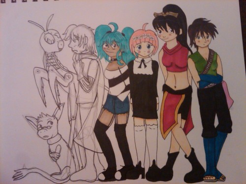 Set 2 of 3 for the second OC mural! L-R: Frezgle, Gabriel (the robomantis), Cio, H0n3y, Daisy, Aelys