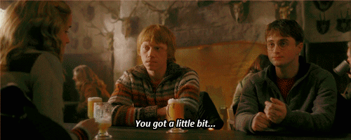me-writing:  On Half Blood Prince´s script, there is a change in this scene Ron turns, sees that Hermione has emptied his mugas well. Ron gestures to her upper lip. RON                Um… You’ve got a little…Without a thought, she