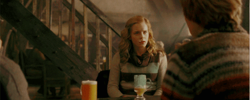 me-writing:  On Half Blood Prince´s script, there is a change in this scene Ron turns, sees that Hermione has emptied his mugas well. Ron gestures to her upper lip. RON                Um… You’ve got a little…Without a thought, she