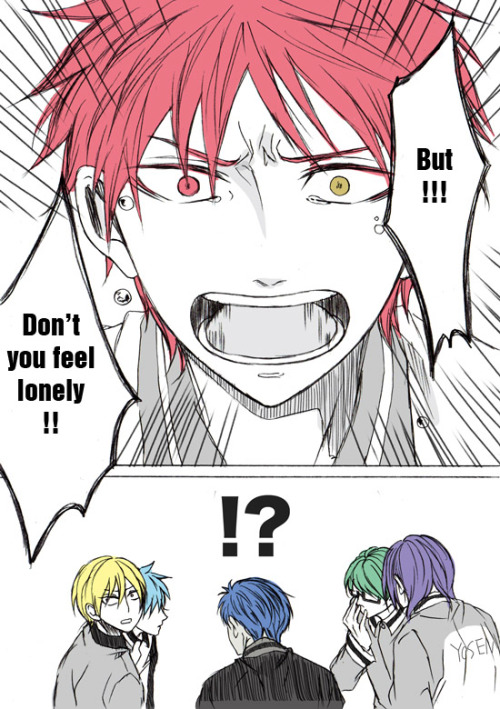 shinju410:  Translating this short doujinshi for a friend of mine. It’s funny anyway :”> ~ poor Akachin ~ but you finally got your happy ending eh =v= ~*looks at Bakagami* … ha ha nevermind ~~ Src: pixiv.net 