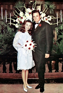 retroretrospectives:  mattybing1025:  Johnny Cash and June Carter on their wedding day, March 1, 1968.  Their marriage lasted 35 years.  When June died in 2003, Johnny was devastated. At her funeral, Johnny had to be helped from his wheelchair to view