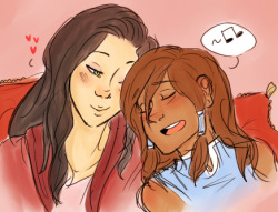 quicky doodle of korra serenading a miss sato and they&rsquo;re on a couch/mountain of pillows or something i don&rsquo;t fukin know