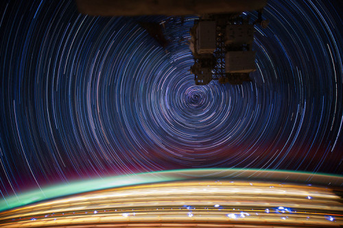  These photos offer us a glimpse of Earth from the International Space Station. As the ISS circles Earth at roughly 17,000 miles per hour, Flight Engineer Don Pettit takes 30-second exposures with a stock digital camera, then stacks those exposures into