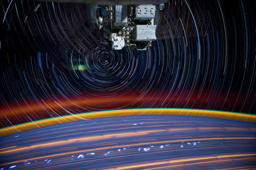  These photos offer us a glimpse of Earth from the International Space Station. As the ISS circles Earth at roughly 17,000 miles per hour, Flight Engineer Don Pettit takes 30-second exposures with a stock digital camera, then stacks those exposures into