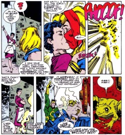 obsessivecomicdisorder:  LOKI turns THOR into a FROG (ISSUE #363)  If you didn&rsquo;t see the &ldquo;and somewhere in Asgard&hellip;&rdquo; like me, you would think Loki gave Thor an indirect kiss too.