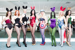 dumtweedledee:  keaneoncomics:  Playboy Bunny Avengers [full] (by sebastian.jespersen) With Bunny!Coulson (between Tash and Toni; note cards) and Bunny!Loki on the far right. Best SDCC cosplay? I think so!   