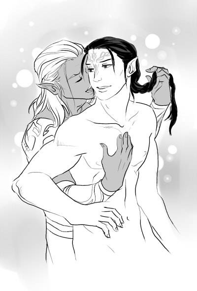 momochanners:And since this is Mahariel Week, here’s sexy Zevran and my Whelan Mahariel :3