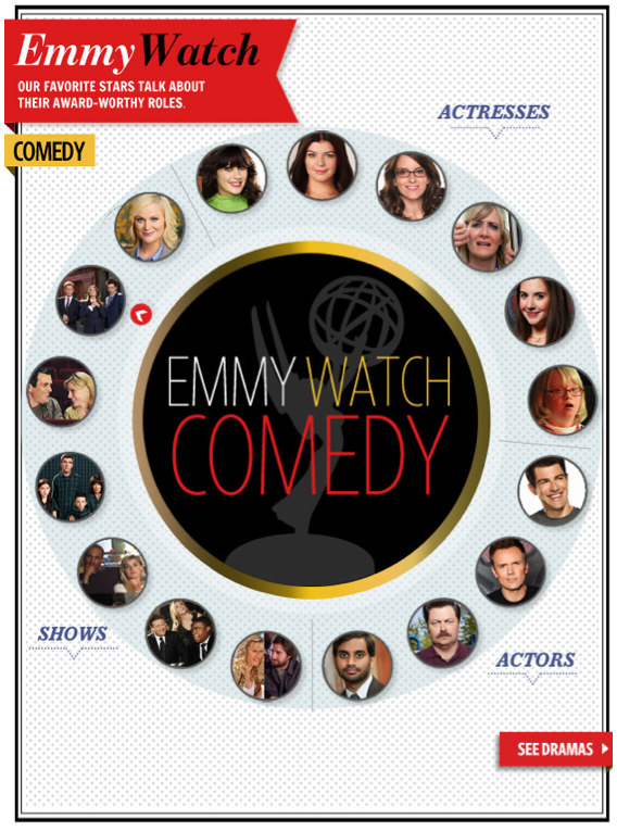 The Interactive Emmy Watch Wheel!
Zooey Deschanel chats about S&M, Tina Fey discusses Liz Lemon’s maternal future, Alison Brie talks the Dreamatorium, Aaron Paul gives the scoop on Breaking Bad, and so much more. But actually so much more. Like, we...