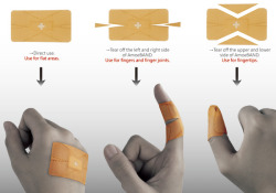 azuritereaction:  alexob:   AmoeBAND became a 2012 IDEA Award Finalist by innovating every possible aspect of the plaster (band aid). The design revisions were:   - Strategic cut-outs shape to fit fingers in such a way that it is easy to bend them