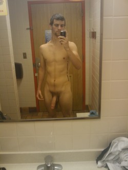 Nakedstraightguys:  Awesome Nude Pic Of Some Hung Guy In A Public Bathroom. Nice