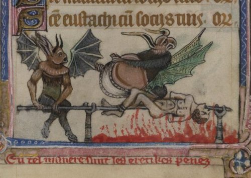 en tel manere sunt les eretikes penez(heretic on a spit)Book of Hours, England 14th century.BL, Yate