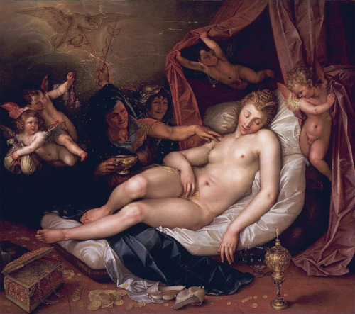 fleurdulys:The Sleeping Danae Being Prepared to Receive Jupiter - Hendrick Goltzius 1603